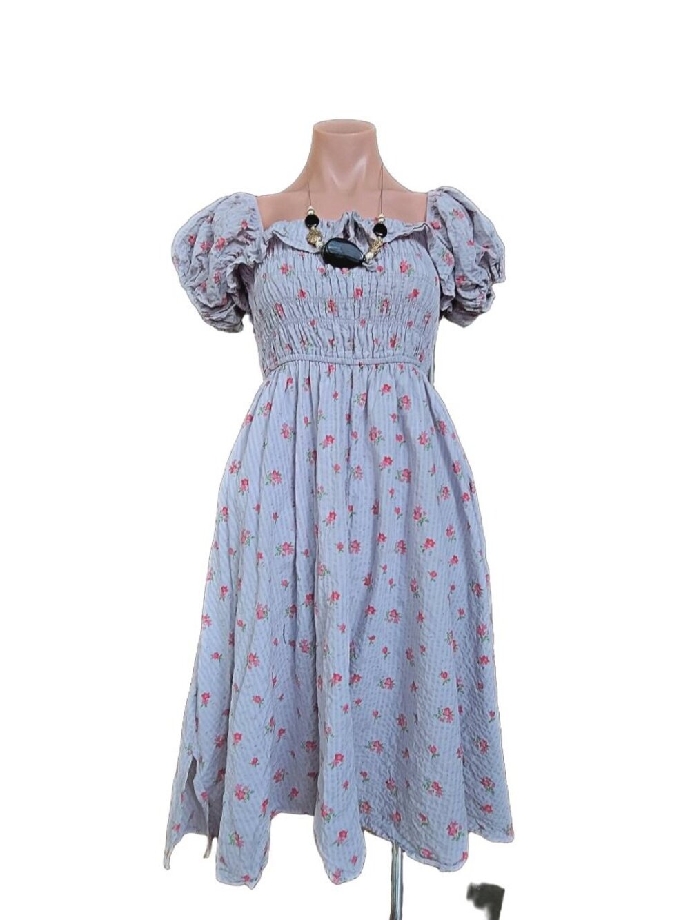 Women's Blue Floral Princess Puff Sleeve Maxi Dress (size OS)